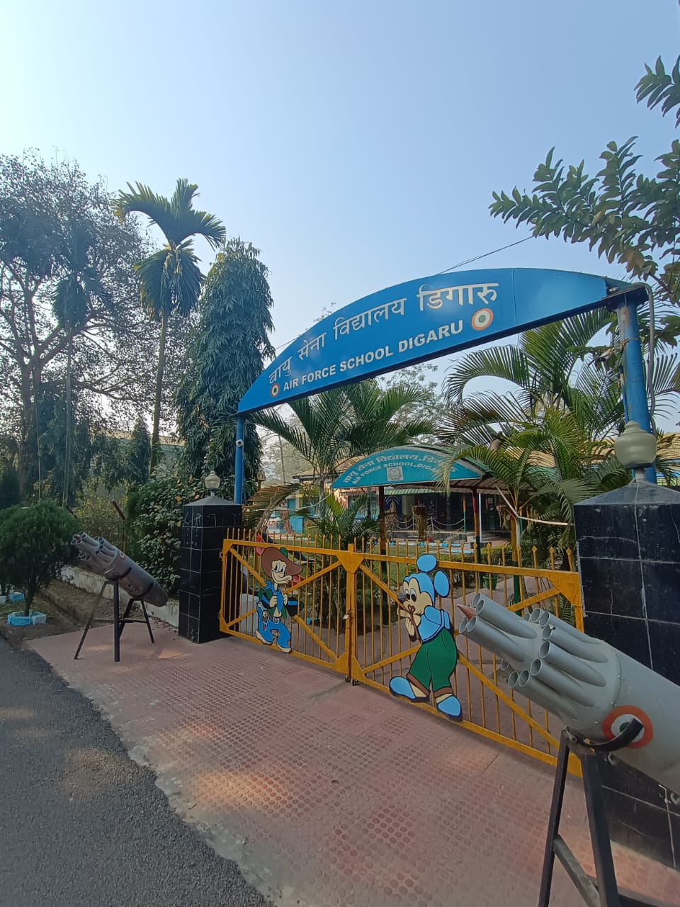 Air Force School Digaru entrance gate with blue signage